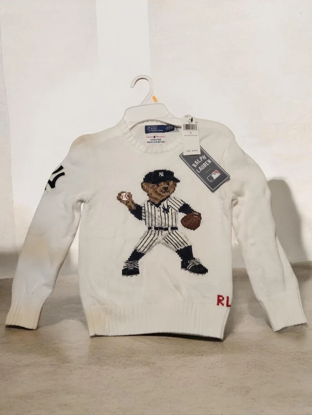 Yankees Polo Ralph Lauren Preschool Bear Pullover Sweater - White - Size 7